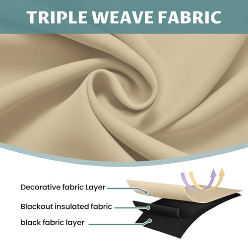 Image of COSVIYA 100% Beige Blackout Curtains for Living Room 84 Inches Length | Room Darkening Light Blocking Drapes for Bedroom, Grommet Thermal Insulated Window Panels with Black Liner, W52xL84,2 Panels