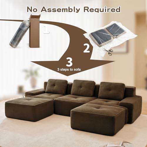 Image of 117 inch U-Shaped 3-Seater Modular Boneless Couch with 2 Ottomans, Cozy Corduroy Upholstery, Deep Seat Cloud sectional Sofa, No Assembly Anti-Slip Stable Design, Brown