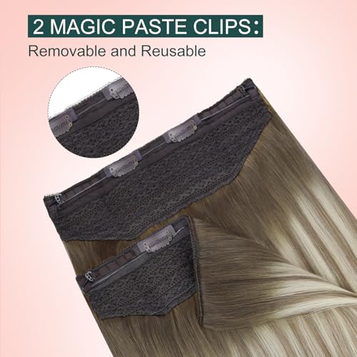 Image of Easyouth Wire Hair Extensions Ombre Wire Hair Extensions Real Human Hair Dark Brown Ombre Medium Brown Balayage Blonde Fish Line Human Hair Extension Easy to Install 14 Inch 70g
