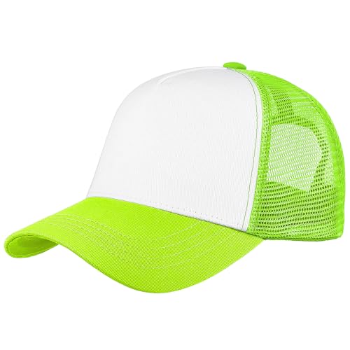 Falari 5-Panel Mesh Baseball Cap Trucker Hat Structured Plain Design Cotton Adjustable Size - Neon Green