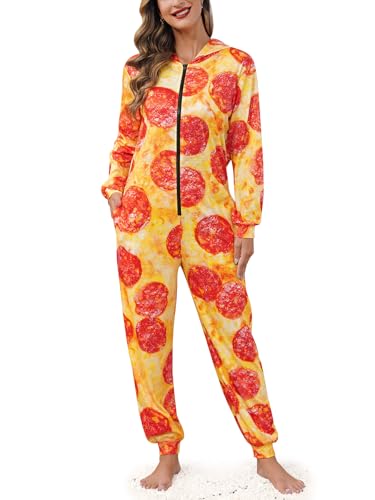 Maisolly Womens Halloween Cosplay Party Pizza Costume Adult Funny Food Long Sleeve One Piece Pajama S