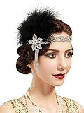 SWEETV 1920s Flapper Headband, Rhinestone Feather Hair Band Great Gatsby Headpiece Accessories for Women,Black
