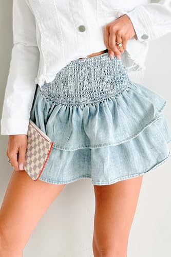 utcoco Womens Denim Skirt Cute Smocked Elastic High Waist Tiered Pleated Ruffle Jean Cake Skirts2