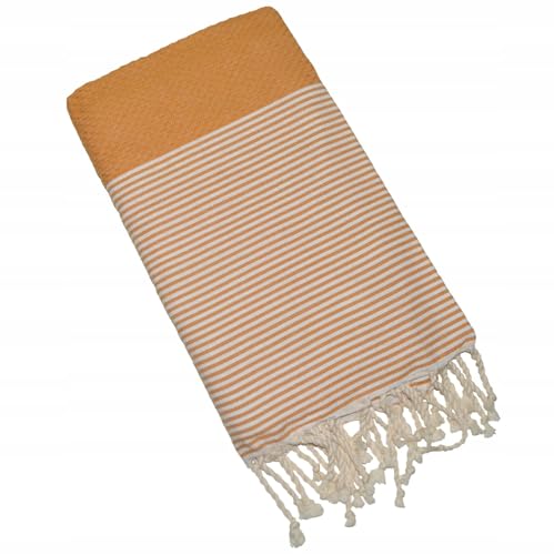 Serviette Pawakabano Fouta - Pour hammam, sauna, plage et bain - En coton à motif nid d'abeille - Environ 200 x 100 cm (Moutarde)