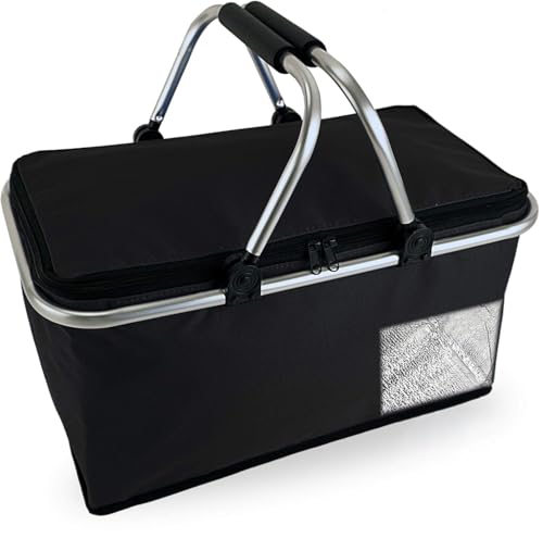 Faltbarer Einkaufskorb mit Kühlfunktion [30L] – Isolierter Korb & Picknickkorb mit Alurahmen, leichte Kühltasche für Auto, Camping & Strand in Schwarz, Grau & Blau (Schwarz)