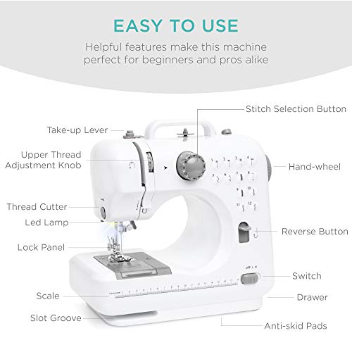 Best Choice Products Compact Sewing Machine, 42-Piece Beginners Kit, Multifunctional Portable 6V Beginner Sewing Machine W/ 12 Stitch Patterns, Light, Foot Pedal, Storage Drawer - Gray/White #TOP3