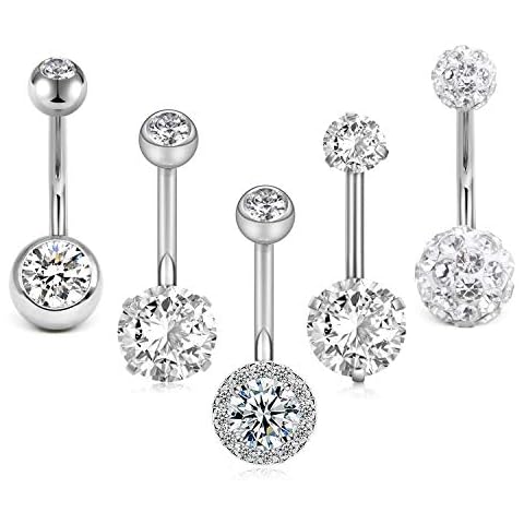 Crdifu Pack of 5 Stainless Steel Belly Button Ring Set 14 Gauge 10mm Barbell Silver Navel Bars Piercing Jewellery Cover