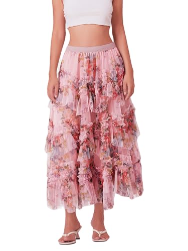 Women's Floral Mesh Skirt Irregular Flowy Layerd A Line Midi Skirt Summer Beach Vacation Skirt
