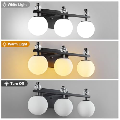 Image of Black 3-Light Bathroom Vanity Light Fixtures Over Mirror Modern Wall Sconce with Milky Glass Ball Shade Mid Century Vanity Lighting for Bedroom