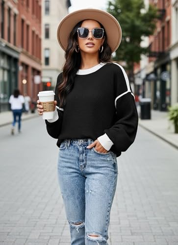Image of Womens Sweaters Fall Fashion 2026 Color Block Oversized Pullover Knit Tops