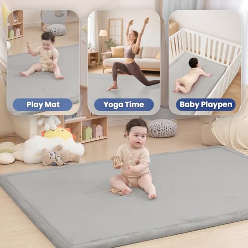 Image of Baby Play Mat for Floor,1.3 inch Thick Memory foam Tummy Time Mat,79 inchx158 inch Extra Large Soft Velvet Nursery Rug,Non Slip Safe for Crawling,Toddlers,Infants,kids,Tatami Style for Living Room(Light Grey)