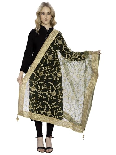 Image of ZEN APPAREL Women's Embroidered Net Dupatta with Lace Borders (Z-101) Premium Net Fabric Golden Aari Work