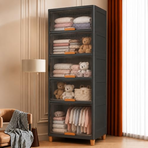 Image of YouCopia Collapsible Wardrobe, 5 Tier Foldable Plastic Clothes Storage Cabinet with Transparent Magnetic Doors, Dustproof Stackable Portable Wardrobe Organizer for Bedroom, Kids