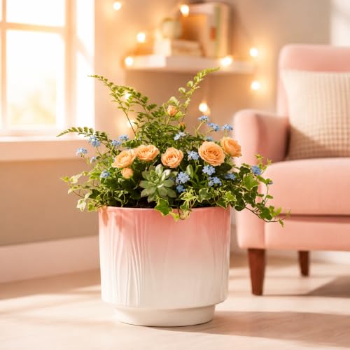 Image of Xtore Graceful Ribbed Ceramic Planter for Home & Office Decor | Modern Indoor Flower Pot with Soft Pink Finish for Living Room, Bedroom, Desk, Shelf, Balcony & Window Styling (Soft Pink)
