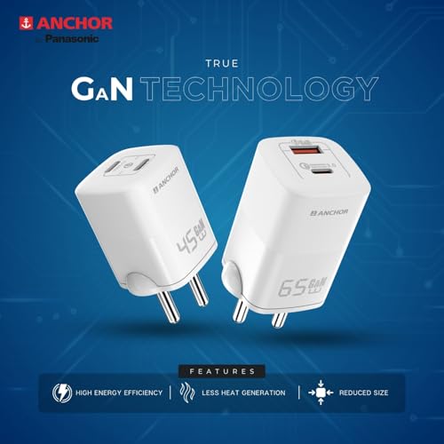 Image of Anchor by Panasonic Type C Dual Port 45W GaN Fast Wall Charger, Compact Travel Adapter with Short Circuit Protection, High Speed Charging for Samsung, iPhone, Headphone, Camera