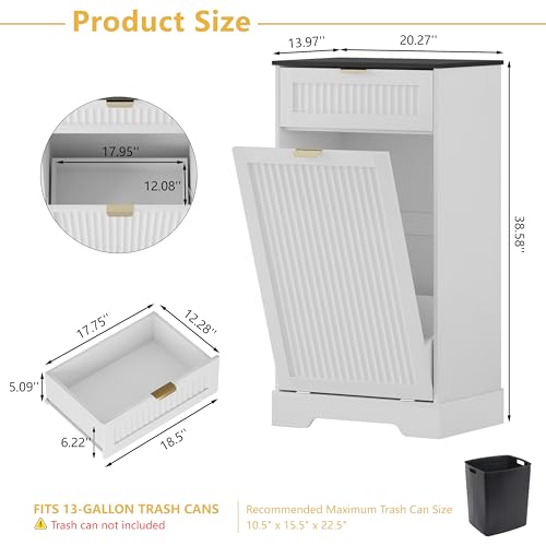 Image of Single 13 Gallon Tilt Out Trash Can Cabinet,Garbage Cabinet with Drawer | Hidden Garbage Storage with Fluted Design, Drawer & Hooks for Kitchen, Dining Room and Small Space Organization,White