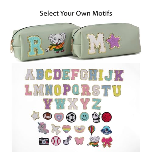 Image of AICA Gifts Personalized Leather Pencil Pouch (Mintgreen) with Embroidered Alphabet & Patch | Pencil Pouch for Kids | Birthday Gift | Birthday Return Gift |Gift for Kids Age 6-10