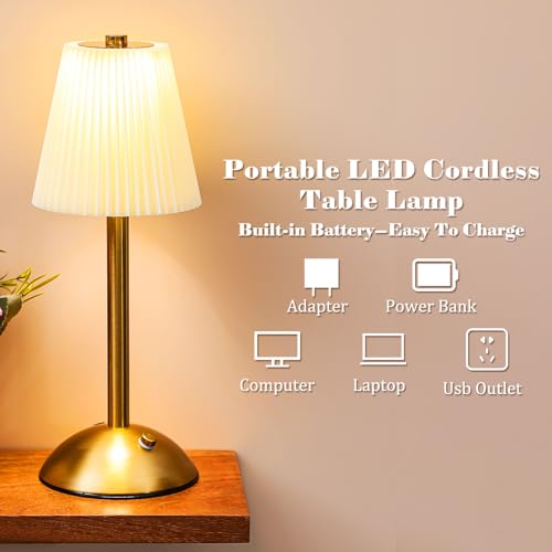 Image of Liliful 1 Pcs Cordless Table Lamp Rechargeable Touch LED Small Gold Portable Battery Operated USB-c Desk Lamp 3 Color Dimmable for Bedroom Living Room Dining (Gold,Beige Cloth Style)