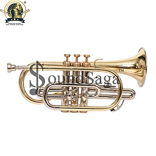 Sound Saga® Cornet 3 Valve Bb Pitch Premium Brass Quality With Hard Case & Mouthpiece (Brass Nickel) #TOP2