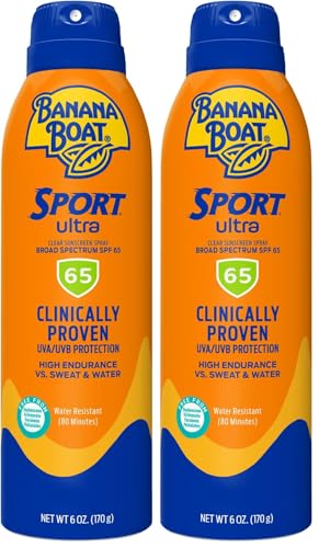 Image of Banana Boat Sport Ultra SPF 65 Sunscreen Spray, 6oz | Banana Boat Sunscreen Spray SPF 65, Oxybenzone Free Sunscreen, High SPF Sunscreen, Spray On Sunscreen, Water Resistant Sunscreen, 6oz (Pack of 2)