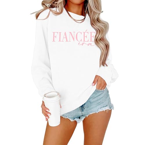 EGELEXY Fiancee Era Sweatshirts Women Bride Shirts Engaged Bachelorette Outfits Long Sleeve Pullover Tops White