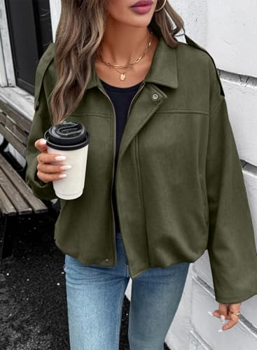 EVALESS Womens Faux Suede Bomber Jackets Long Sleeve Fall Coats Zip Up Cropped Jacket Trendy Winter Warm Outerwear3