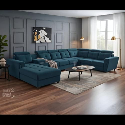 Image of Mishel 12 Seater Sofa Set for Living Room | Sectional U Shaped 12 Seater Sofa with Storage & Cupholder (Teal Fabric, LHS)