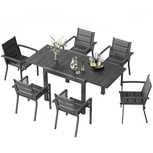 TRIUMPHKEY 6 Personen Gartenmöbel-Set aus Aluminium, 1 Ausziehbarer Tisch (80-160 cm) & 6 stapelbare Stühle Balkon und Terrassen Lounge Set, Dunkle Holzmaserung