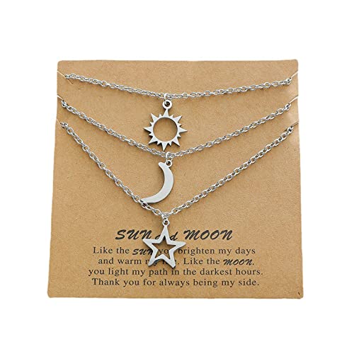 Image of COLORFUL BLING Stainless Steel Sun and Moon Star Necklace 3 Best Friend Friendship Sister Set for Women Mom Daughter BFF Jewelry Gifts