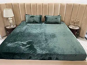 YKC Velvet Warm Winter Solid Flannel Elastic Fitted Bedsheets for Double Bed King Size 90x100 inches with 2 Pillow Covers | Double Bed Warm Bedsheet with Elastic - Fitted (Green)