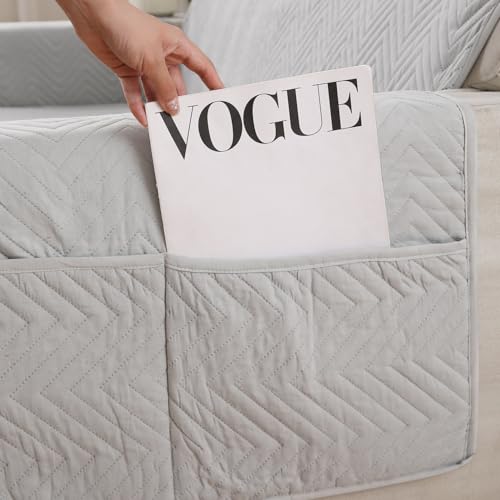 Image of HOKIPO Polyester Quilted 1 Seater Sofa Cover Mat with Pockets, Light Grey (In-801-Lgry)