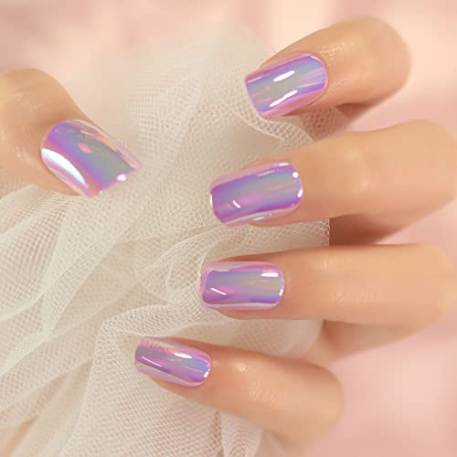 Metallic Mirror Press On Nails - Purple Squoval Nail Art