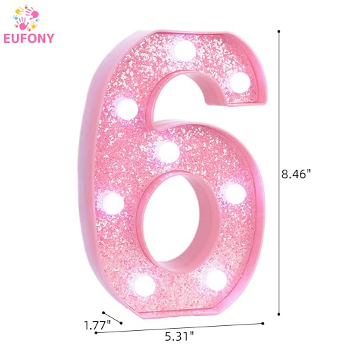 Image of Pink Light Up Marquee Numbers, Glitter LED Number Lights Sign Battery Operated for Girls 6th Pink Birthday Party Table Decorations, 2026 Graduation Decor, 8 Inch Number 6 with Cool White Lights