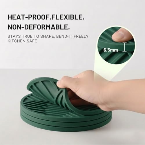 Image of Silicone Trivet Mats, Set of 3 Heat Resistant Mats for Hot Pots & Pans, Mats Dining Table Kitchen, Non-Slip, Non Stick, Coaster, Spoon Holder, Food Grade, BPA Free, 6.5mm Extra Thick, (Green)