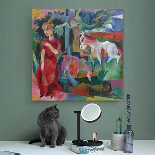 Affiche sur toile femme avec animaux Heinrich Campendonk couleurs vives sans cadre 50x50 cm