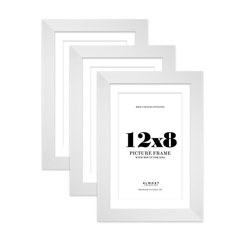 12x8 White Frame With Mount for 10x6 Pictures 28mm Edge Portrait and Landscape Display with Wall Hooks and Kickstand, 3 Pack