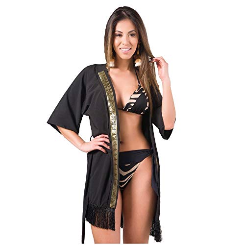 Saída de Praia Preto Franjado Galão dourado Kimono