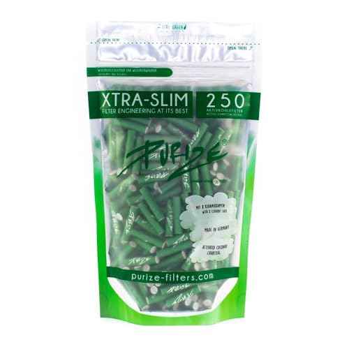 Purize Carbon Activated Extra Slim Filter Tips - 6mm - (250 Pack) - Enhance Your Smoking Experience with Advanced Filtration Technology - with Vastu Storage Mylar Bag (Green)