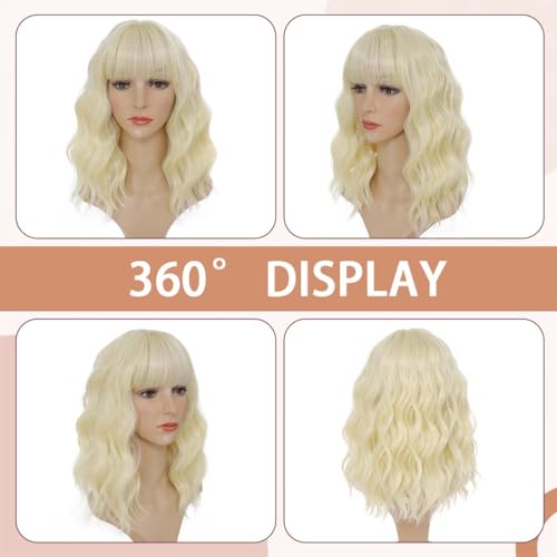 Image of Pastel 613 Blonde Wavy Bob Wig for Women, Short Shoulder Length Synthetic Wig with Bangs, Matte Natural Realistic Look Lightweight Hairpiece, Blonde Color for Daily Wear & Cosplay Costume