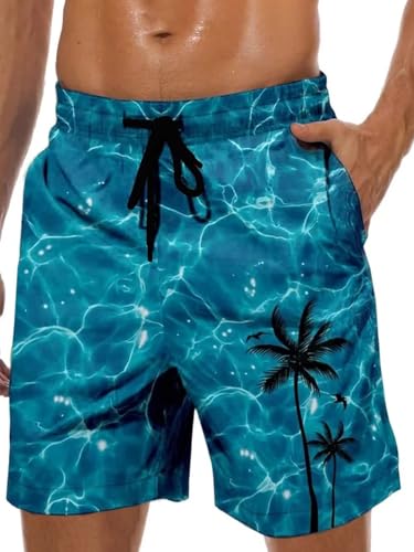 werfami Badehose Herren Lang Badeshorts Männer mit Innenhose Schwimmhosen Knielang Strandshorts Jungen Bademode für Herren Surfen Schnelltrocknend Blaue Wellen L