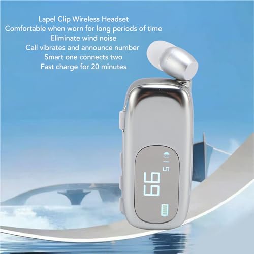 Clip On Bluetooth Headset with LCD Power Display and Vibration Alerts, Retractable Wireless Earphone for Driving Business, BT5.4 10m Range, Charging Port (Electroplated Bright Silver)