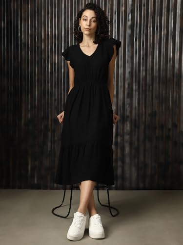 Image of High Star Women Cotton Solid Regular fit V-Neck Sleeveless Dresses