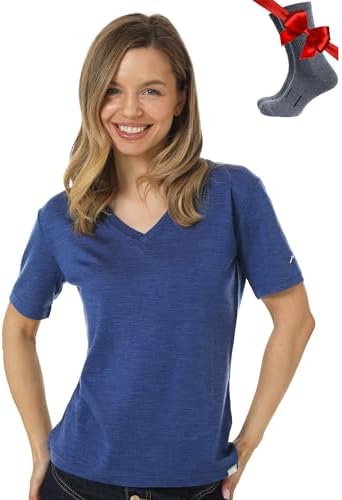 Merino.tech 100% Merino Shirt Damen V-Ausschnitt Outdoor + Wollsocken | Schnelltrocknend, Atmungsaktive Merino Tshirt Damen, Geruchshemmend, Frisch, Thermo Sportshirt, für Wandern