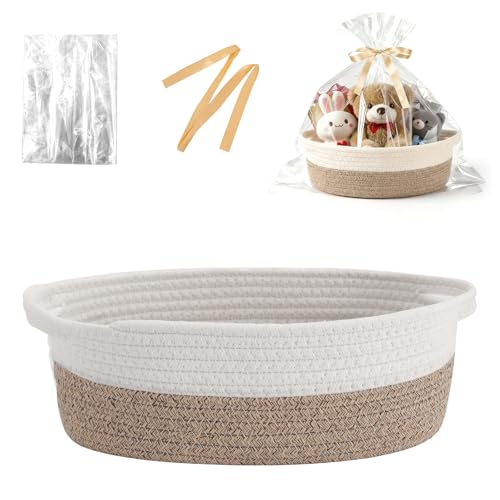 Image of Basket for Gifts Empty, Small Woven Basket with Bags and Ribbons, Baby Toy Baskets with Handles, Wicker Storage Bin for Baby Showers or Pet Toy (White & Brown, 1 Pack (12 inchx 8 inchx 3.74 inch))