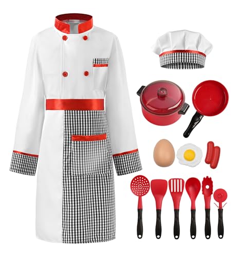 ReliBeauty Déguisement Cuisinier Enfant Kits de Cuisine à Jouer Chapeau de Chef Tablier 11ans, 140