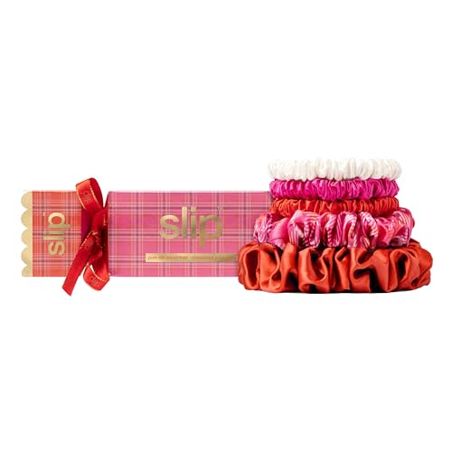 slip Scrunchies in Holiday Cracker Packaging: Anti-Crease, Anti-Breakage Slipsilk™ Design Protects Delicate Hair | Includes 5 Assorted Pure Silk Scrunchies, Scarlet