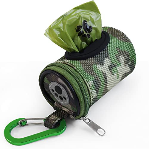Image of FURHAB Dog Poop Bag Holder for Leash Doggie Waste Bag Dispenser Puppy Potty Carrier Small Doggy Zipper Pouch with Carabiner Clip 1680D Nylon Oxford with 1 Roll of Pet Trash Bags, Woodland Camo