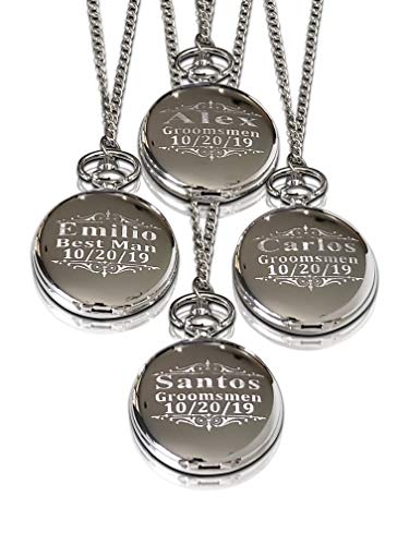 Unique Wedding Pocket Watches with Boxes, Set of 5 Vintage Style Watches Engraving All Included Groomsmen Engraved Gifts, Comes in 4 Colors. (Silver)