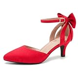 Women's Wedding Evening Party Bow Kitten Heels Pumps Ankle Strap Buckle Dress Shoes Red 45 - US 11