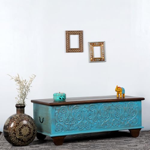 Image of Teba Wooden Trunk Box for Storage | Solid Wood Coffee Table for Living Room | Center Coffee Table with Storage | Front Wooden Carved Sandook Pitara for Home Decor & Bedroom (Blue Distress)